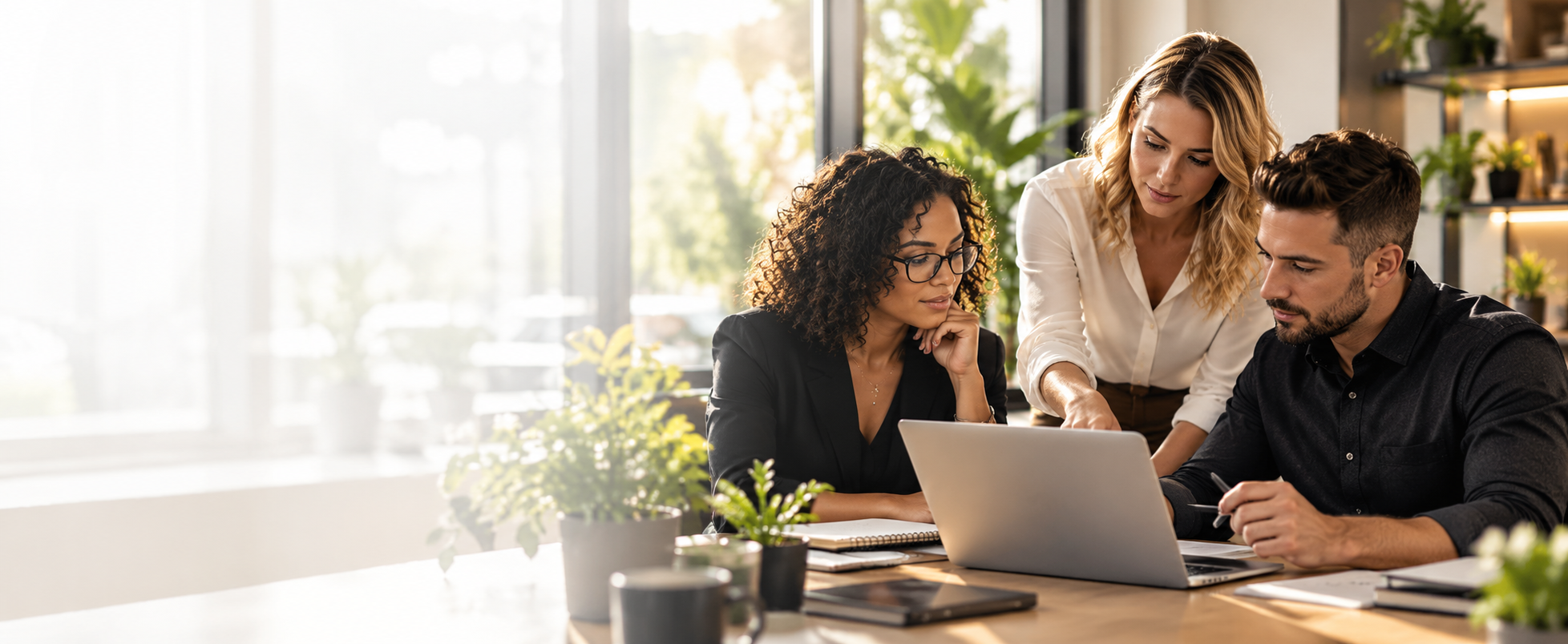 Three business professionals collaborating around a laptop in a bright office