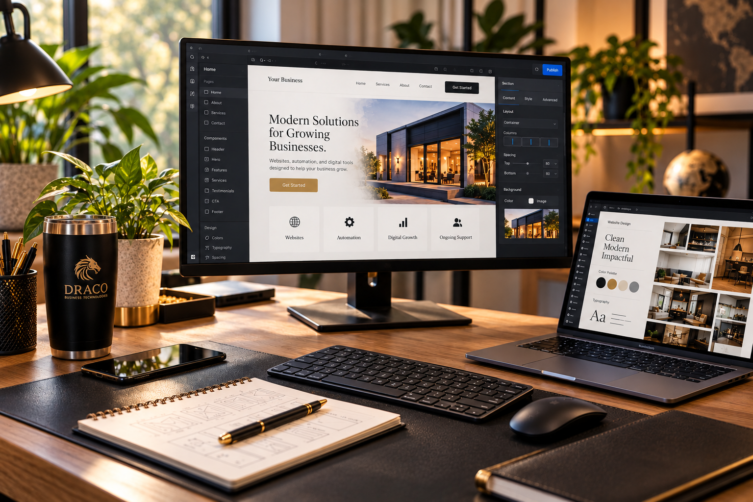 A desk workspace with a monitor showing a website design, an open laptop displaying a style guide, wireframe sketches in an open notebook, and a black tumbler printed with the Draco Business Technologies name
